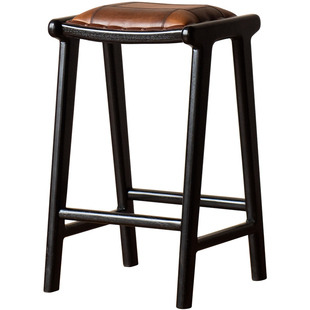 进口实木高脚凳头层牛皮柚木复古吧凳餐椅家用真皮设计师中古凳子