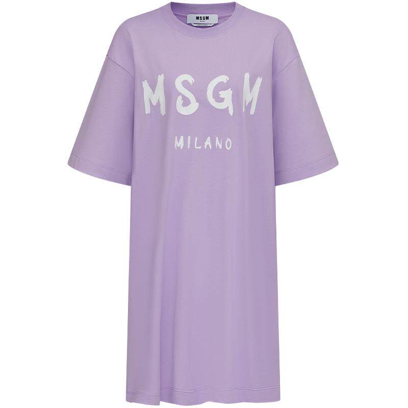 MSGM春夏女士手绘徽标LOGO印花圆领纯棉超大短袖T恤式连衣裙粉色