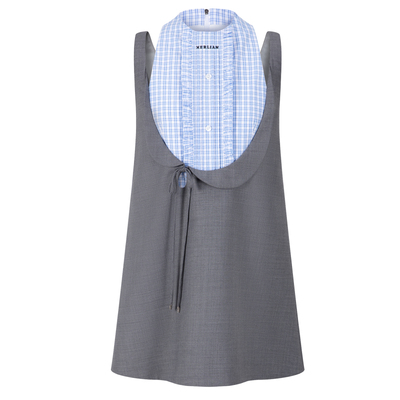 HERLIAN 2026年春季新品蓝格拼接U领娃娃A字裙修身无袖背心连衣裙