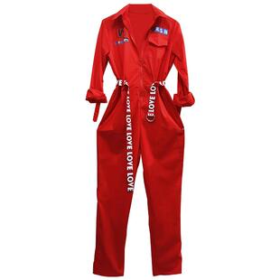 年会舞蹈服装红色演出服嘻哈街舞工装裤连体收腰宽松团队比赛表演