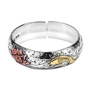 鱼戏莲叶间足银999纯银手镯女纯手工錾刻国风送礼送亲人送妈妈