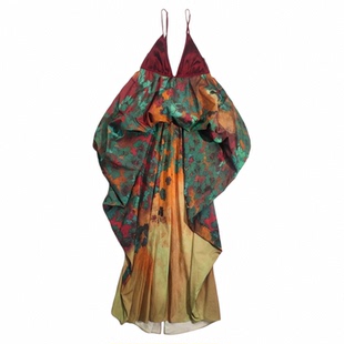 EVAN●正版 |拼接红色新中式印花设计感v领吊带花苞连衣裙pengtai