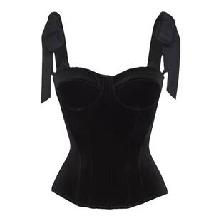 周也明星同款黑色绑带丝绒吊带背心女鱼骨上衣收腰短款抹胸内搭夏