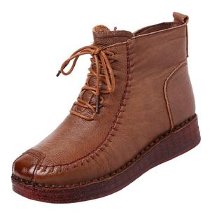 牛筋防滑软底妈妈棉鞋百搭平跟厚底手工复古女士真皮冬季加绒短靴