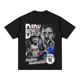 诺维茨基美式球星T恤街头嘻哈潮牌复古印花做旧水洗重磅圆领短袖