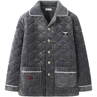 睡衣男款冬季男士家居服上衣单件珊瑚绒夹棉袄大码外套可外穿保暖