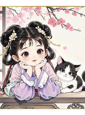 钻石画卡通女孩猫咪治愈系小画