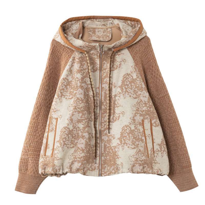 宝诗黎连帽针织提花拼接外套2025秋季设计感洋气百搭宽松大码女装