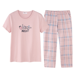 新一步纯棉短袖七分裤睡衣女士夏季薄款中年妈妈经典款印花家居服