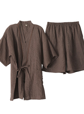 色织汉服短袖短裤睡衣男士纯棉纱薄款四季汗蒸服薄系绳家居服套装