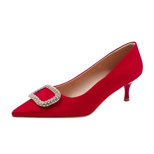 哈森高跟鞋女单鞋春季新款气质细跟伴娘新娘红色婚鞋HS257115