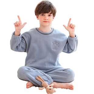 男童睡衣法兰绒冬款加厚加绒大童男孩秋冬季儿童珊瑚绒家居服套装