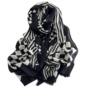 100%纯羊毛围巾女秋季黑白条纹格子拼色百搭轻薄款大披肩春秋冬季