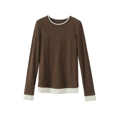 popchrio撞色假两件长袖针织T恤