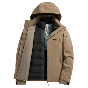 吉普羽绒冲锋衣男款冬季户外三合一防寒保暖登山服防风防水外套男
