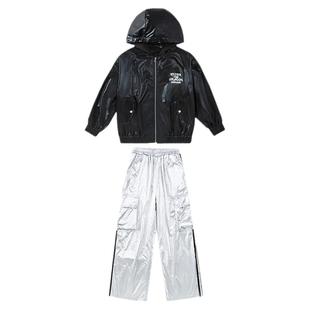 少儿街舞演出服男童酷帅皮衣亮面反光银色外套hiphop女童炸街时尚