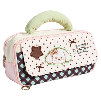 2026新款刺绣小狗手提笔袋女生大容量高颜值ins风初中女孩款韩系高级感文具盒杂物收纳包袋高中小学生铅笔盒