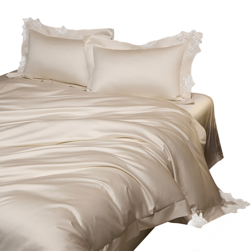 irisette轻奢100支全棉蕾丝纯色镂空四件套刺绣被套床单床上用品