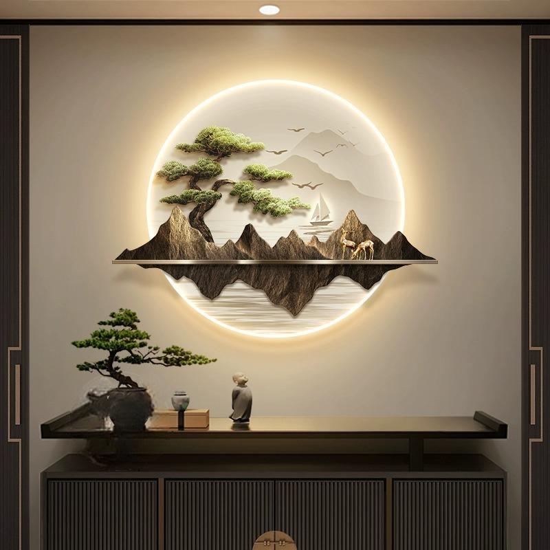 新中式玄关装饰画圆形入户迎客松山水壁画灯高档禅意茶室书房挂画
