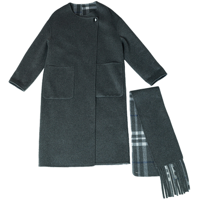 oo&vv韩版围巾双面羊毛呢大衣女25冬中长款过膝天丝外套气质甜美