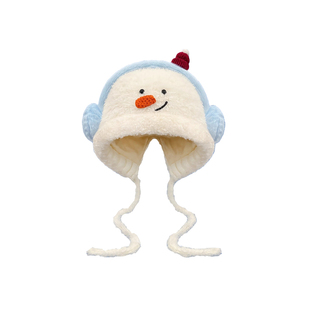 可爱卡通小雪人毛绒套头帽子女冬季保暖护耳帽户外骑车防寒针织帽