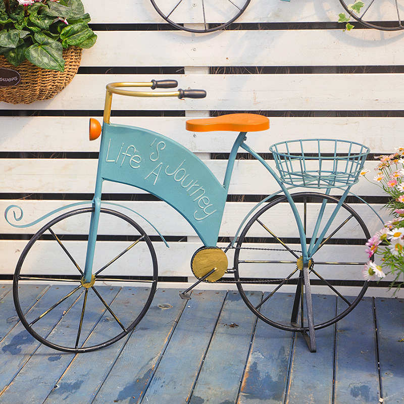 铁艺做旧蓝色自行车花架庭院花园装饰品幼儿园造景摆件彩绘板凳车