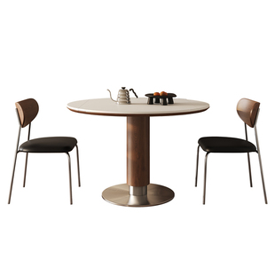 中古风岩板餐桌椅组合简约家用小户型方圆两用复古圆形四折叠餐桌