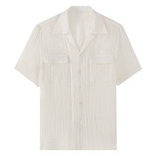 AC粗针镂空零感透气亚麻古巴领短袖衬衫男夏季宽松休闲度假风衬衣