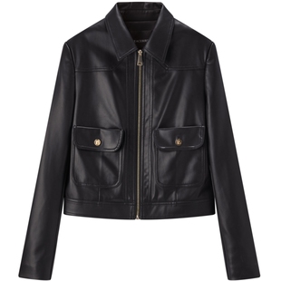 太平鸟黑色PU皮衣外套女美拉德春装时尚高级感翻领外套女奥莱