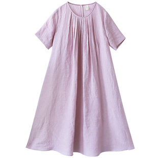 5折【水椿】复古圆领压褶大摆连衣裙女夏季宽松裙色织亚麻紫裙子