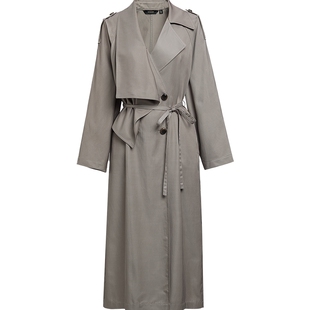 红袖商场同款HOPESHOW2025秋新款女装系带双排扣翻驳领长款风衣