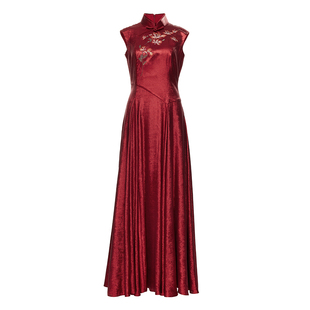 花木深手工苏绣晚礼服盘扣立领旗袍红色敬酒服刺绣高奢连衣裙定制