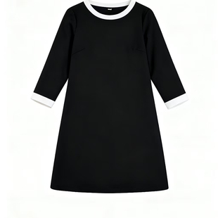 春秋高端大码女装中长款宽松遮肚显瘦连衣裙拼色减龄七分袖圆领新
