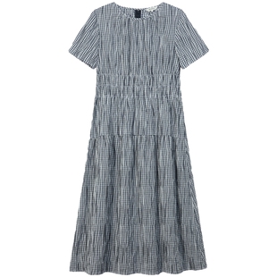 【新品】BEANPOLE  滨波2026夏季女士简约风泡泡纱格纹圆领连衣裙