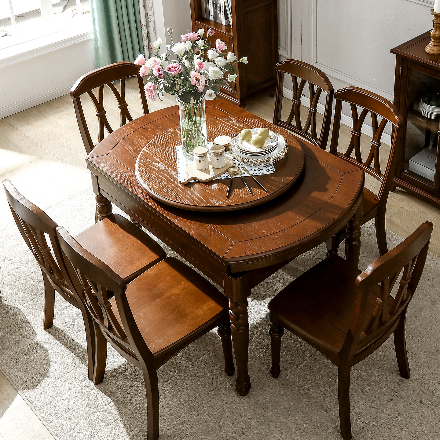 美式实木餐桌椅组合伸缩折叠长长桌圆桌餐桌圆桌小户型多功能变