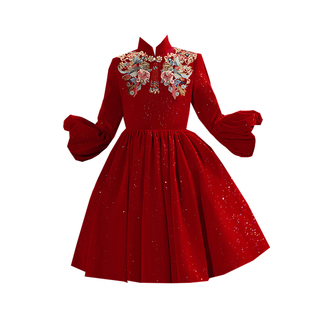 女童旗袍新中式拜年服过年中国风儿童礼服新年表演红色冬季演出服