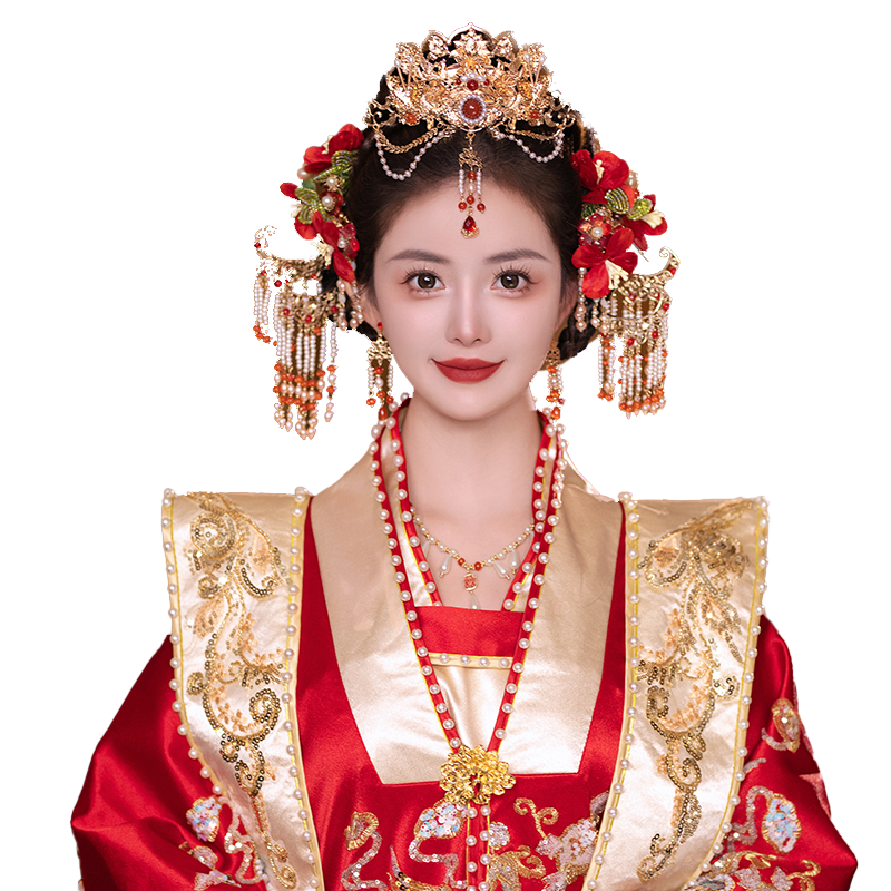 中式新娘秀禾头饰红色绒花古装