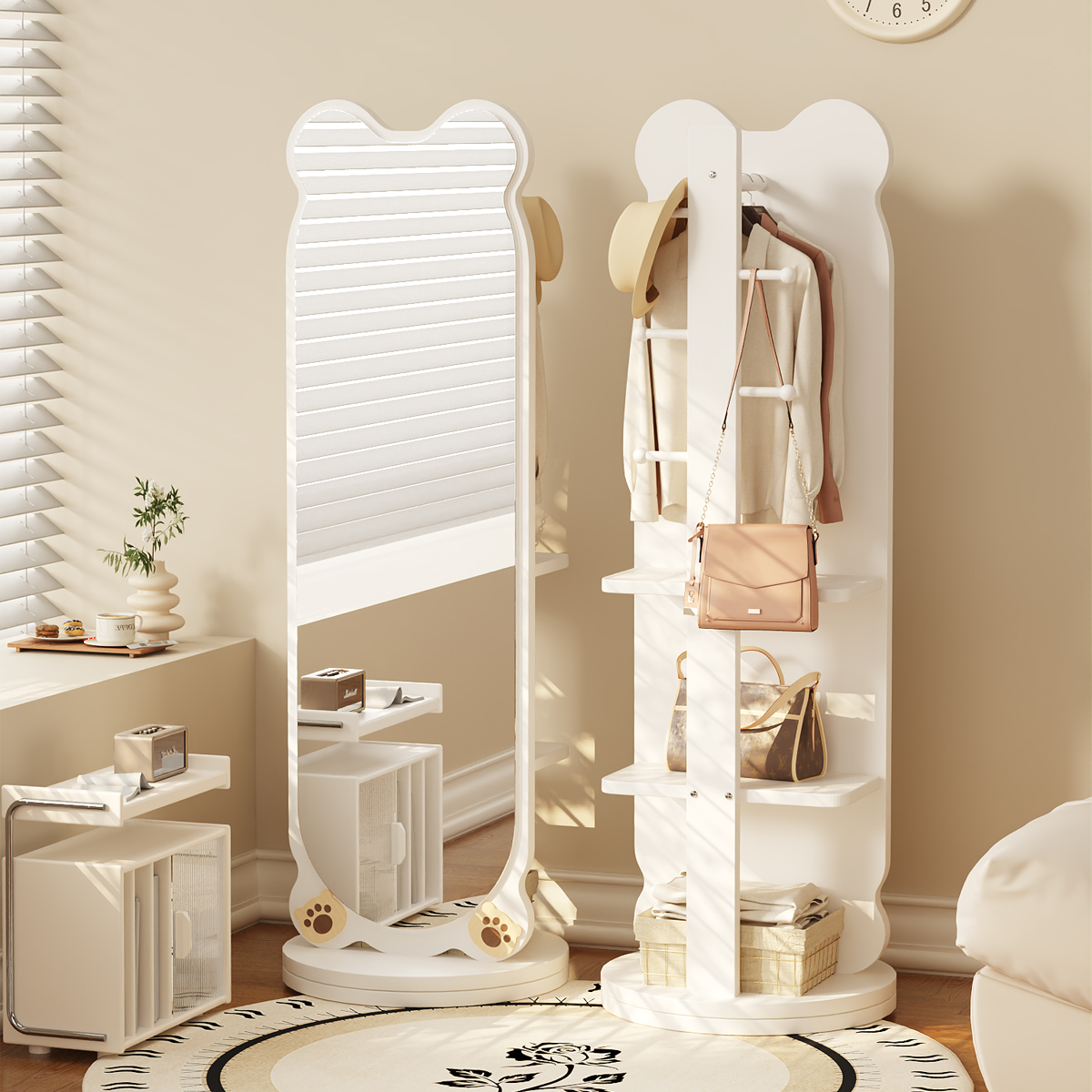 实木全身镜落地镜家用卧室可旋转移动试衣镜子带挂衣架一体穿衣镜