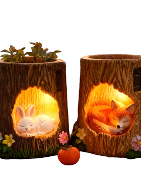 树脂夜灯兔子狐狸花盆摆件暖光