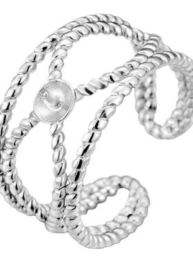 戒指女小众级感S925纯银宽面麻花开口可调节指环空托配件diy银饰