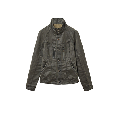 水洗光泽拼接短款收腰皮衣夹克女