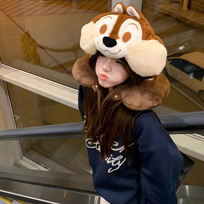 u型枕连帽护颈枕脖子花栗鼠长途旅行飞机枕戴帽雪莉玫女便携饼饼