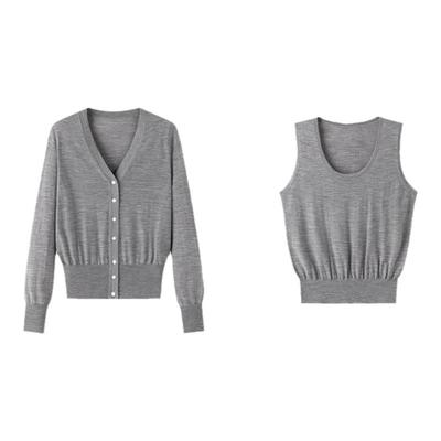 100%羊毛针织开衫背心两件套女