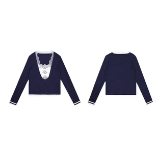 地球店miu系穿搭宝蓝色蕾丝拼接设计感毛针织衫女秋季蝴蝶结上衣