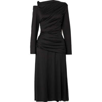 【折扣】Victoria Beckham 女挖肩褶饰亮面小黑裙长袖连衣裙