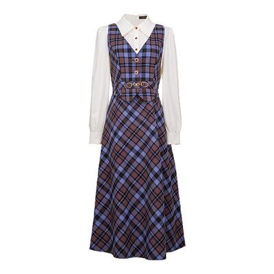 一电影一时装秋季新款复古气质假三件格纹中长款连衣裙女独特好看