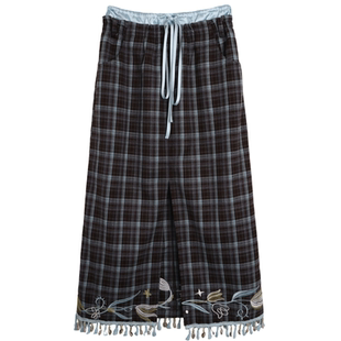 有耳uare原创设计 末梢花香 复古格子郁金香刺绣前开衩流苏半身裙