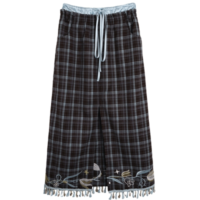 有耳uare原创设计 末梢花香 复古格子郁金香刺绣前开衩流苏半身裙