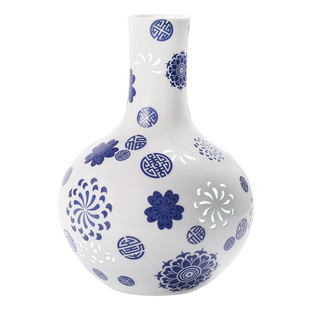 景德镇官方陶瓷中式天球瓶青花玲珑花瓶客厅玄关桌面书房摆件装饰