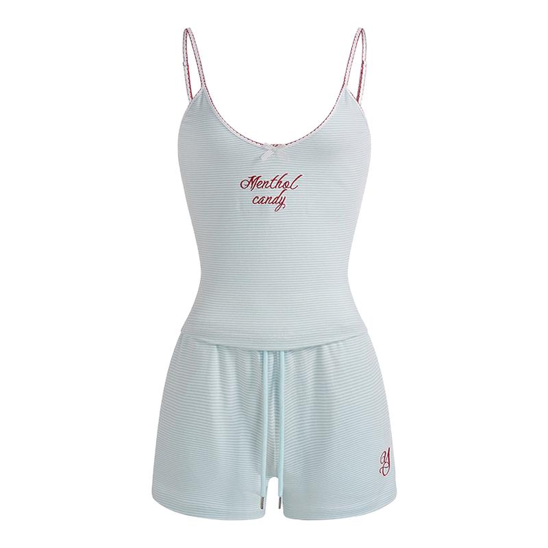 YANXCOSY2025新款睡衣女夏季纯棉条纹吊带背心短裤家居服套装